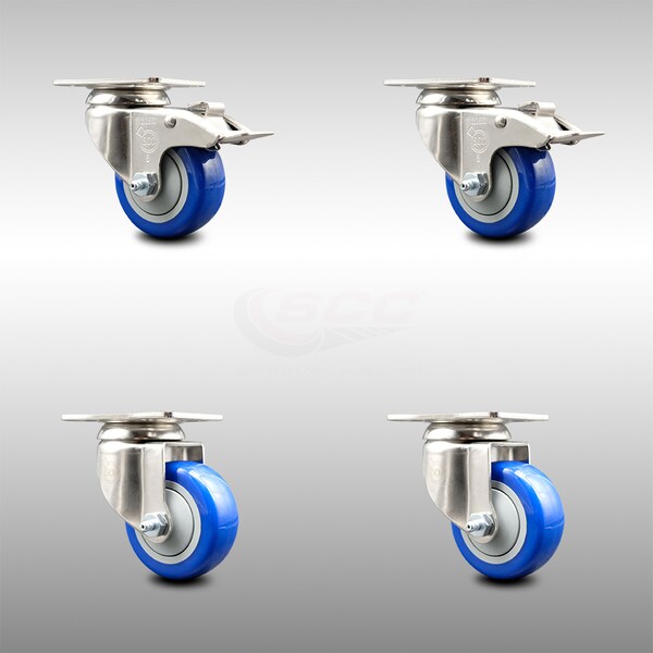 Service Caster 3.5 Inch 316SS Blue Polyurethane Wheel Swivel Top Plate Caster Lock Brake, 2PK SCC-SS316TTL20S3514-PPUB-BLUE-2-S-2 - main